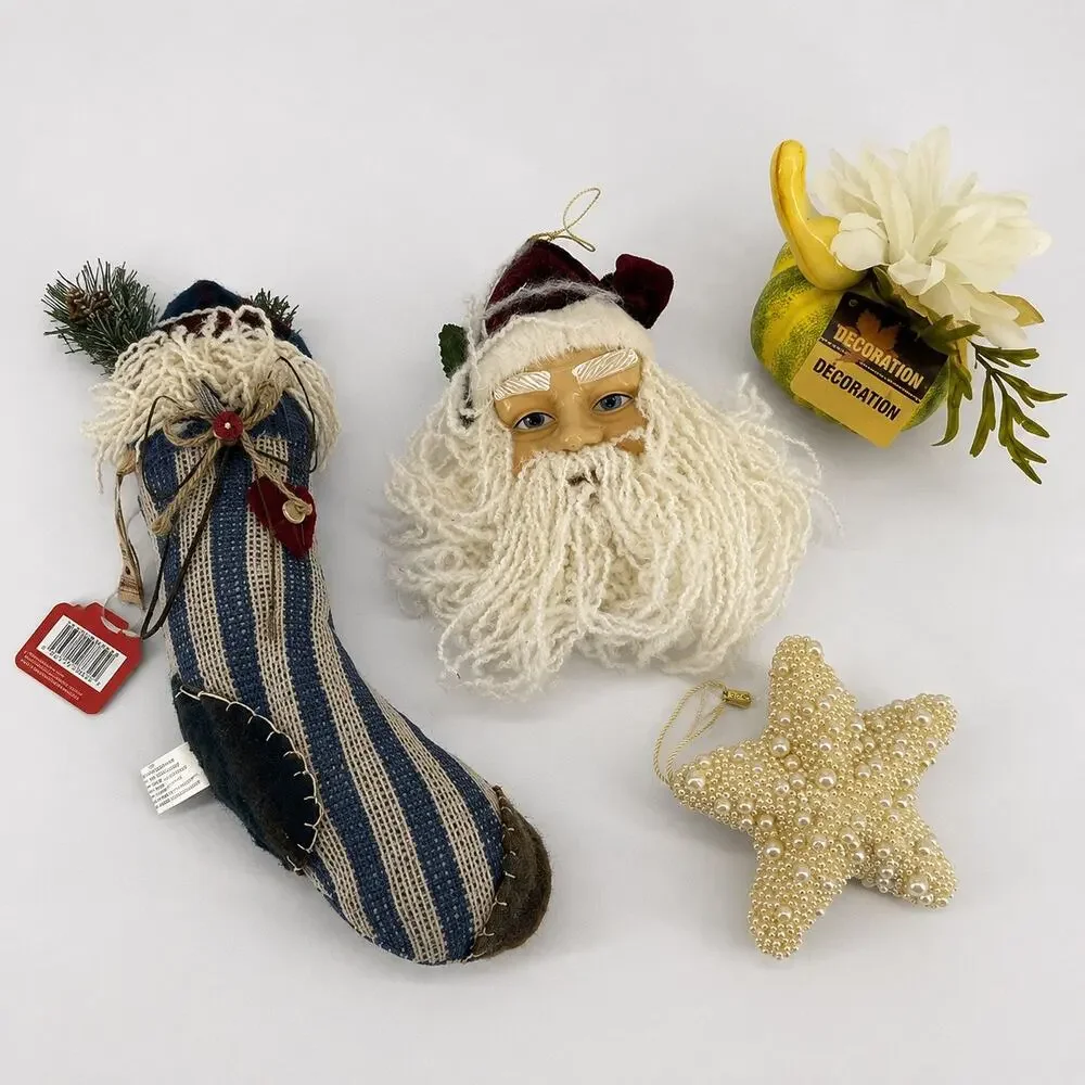 4 Pc Christmas Decor Lot Santa Gnome Stocking Pearl Star Pumpkin Floral Holiday